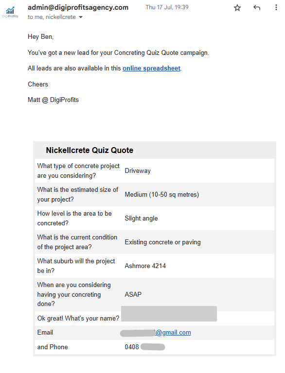 Example Nickellcrete quiz lead showing the captured project details: concrete type, size, condition, suburb and timing